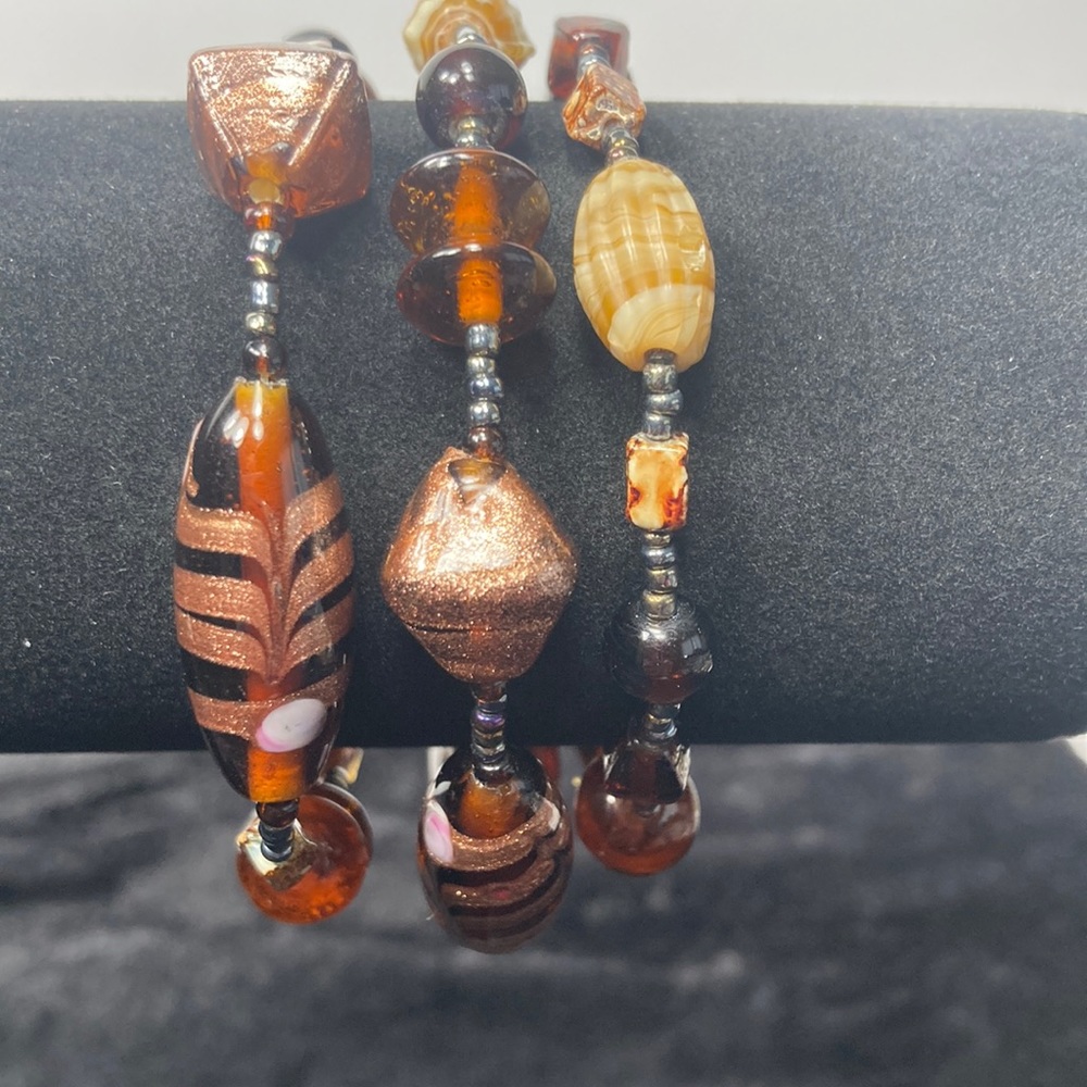 Set of 3 Stackable Earth Tone Brown Copper Tone Stretch Bracelets Beaded